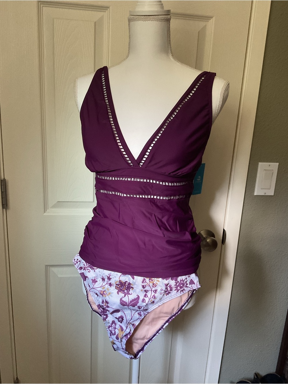 Cupshe Purple Floral Ribbed Bikini Top with Peach Lining